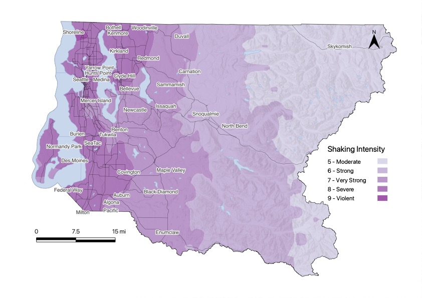 A map of King County, Washington, indicating hazard intensity