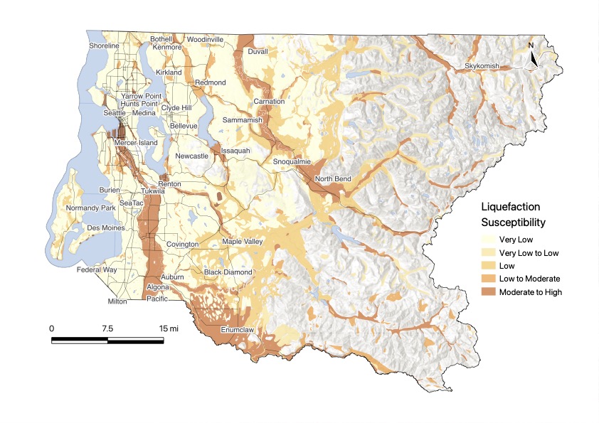 A map of King County, Washington, indicating hazard intensity