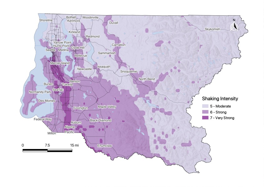 A map of King County, Washington, indicating hazard intensity