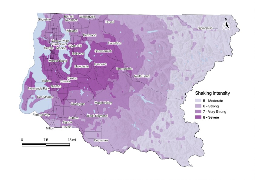 A map of King County, Washington, indicating hazard intensity
