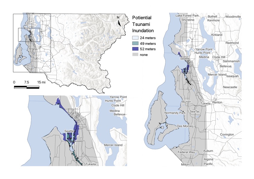 A map of King County, Washington, indicating hazard intensity