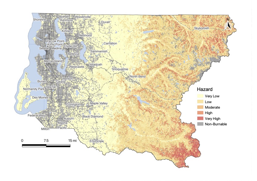 A map of King County, Washington, indicating hazard intensity