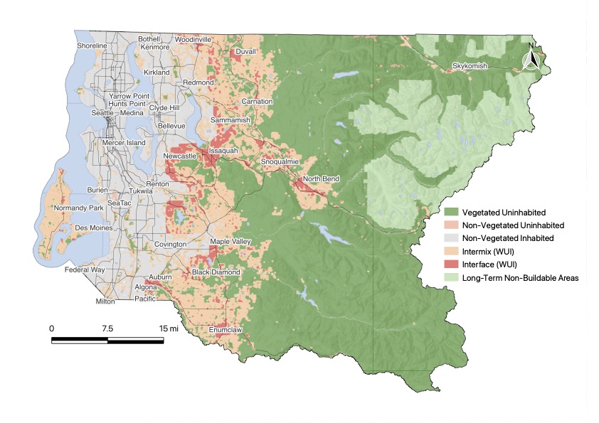 A map of King County, Washington, indicating hazard intensity