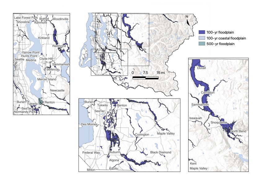 A map of King County, Washington, indicating hazard intensity