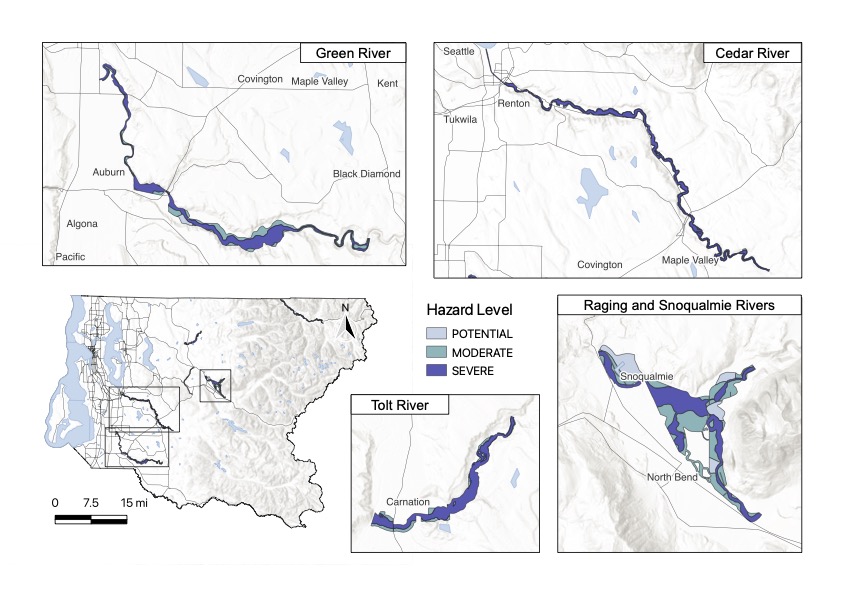 A map of King County, Washington, indicating hazard intensity
