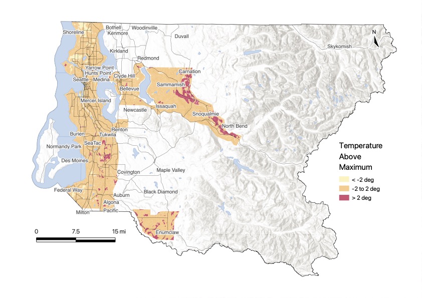 A map of King County, Washington, indicating hazard intensity