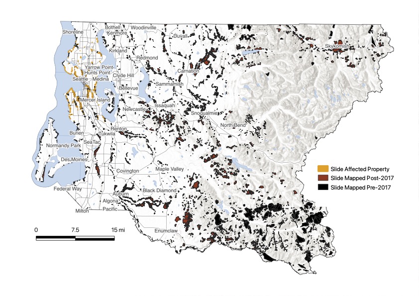 A map of King County, Washington, indicating hazard intensity