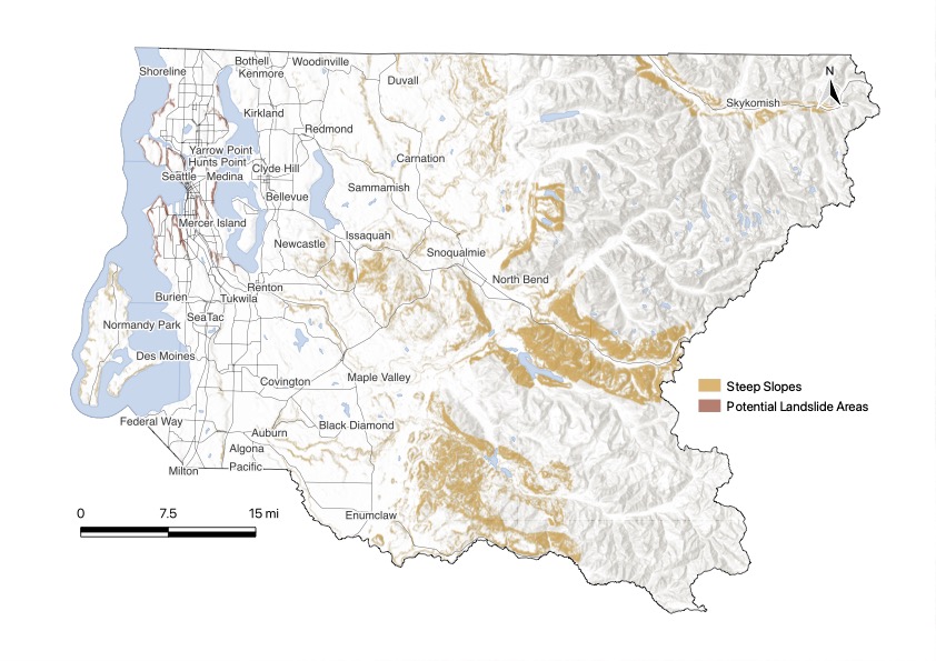 A map of King County, Washington, indicating hazard intensity